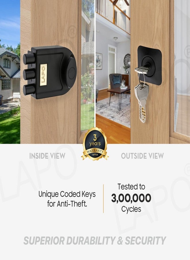 LAPO Black TriBolt Deadbolt Lock, Modern Main Door Security Lock for Wooden Door, Fixed Cylinder with 4 Brass Keys, Suitable for Inside&Outside Opening, Heavy Duty Design for Long-Lasting Protection - Image 3